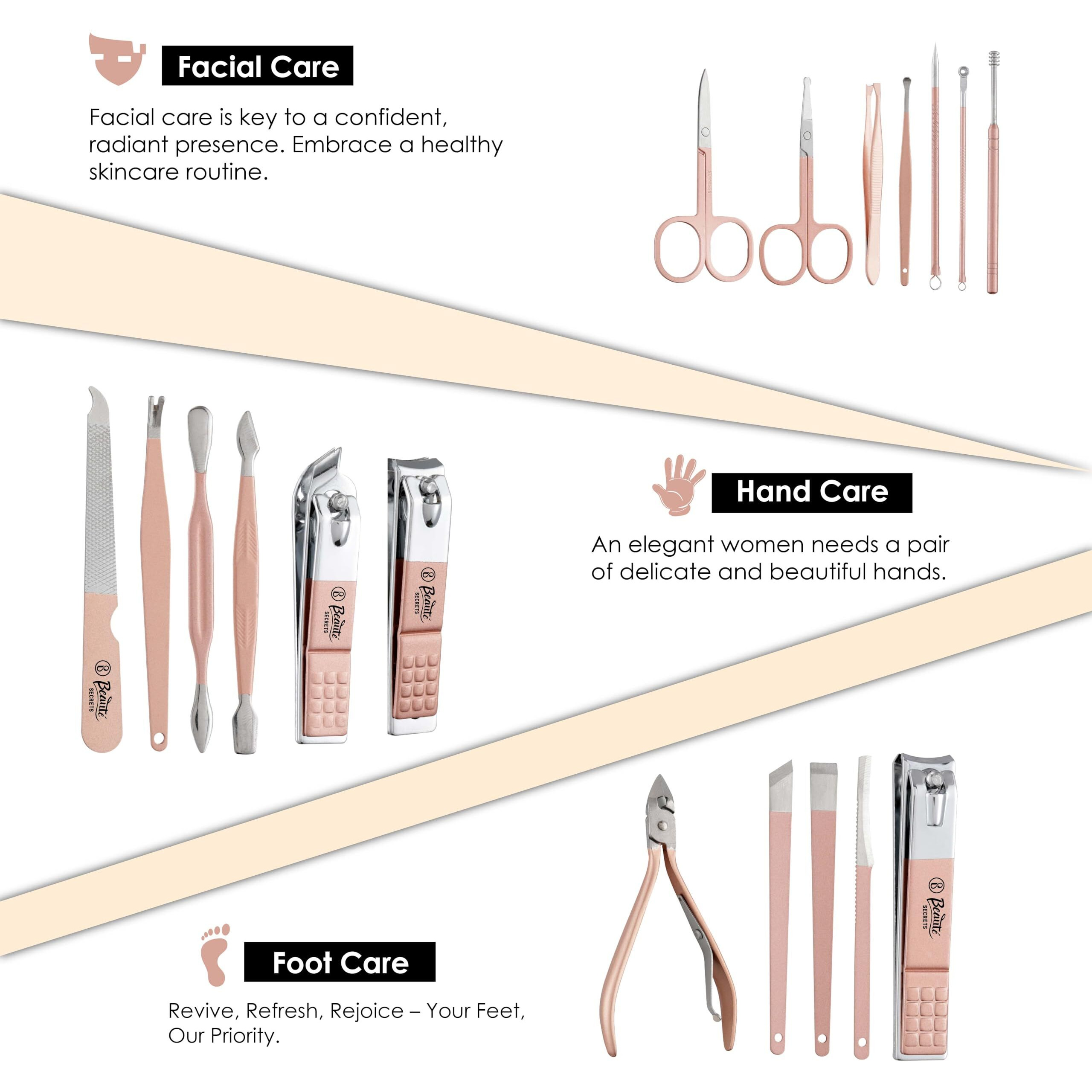 Beaut Secrets Manicure Kit, pedicure tools for feet, Nail Clipper, Manicure Pedicure kit for women and Men, 18 Pieces,Perfect Gifts for Women and Men (Rose Gold)
