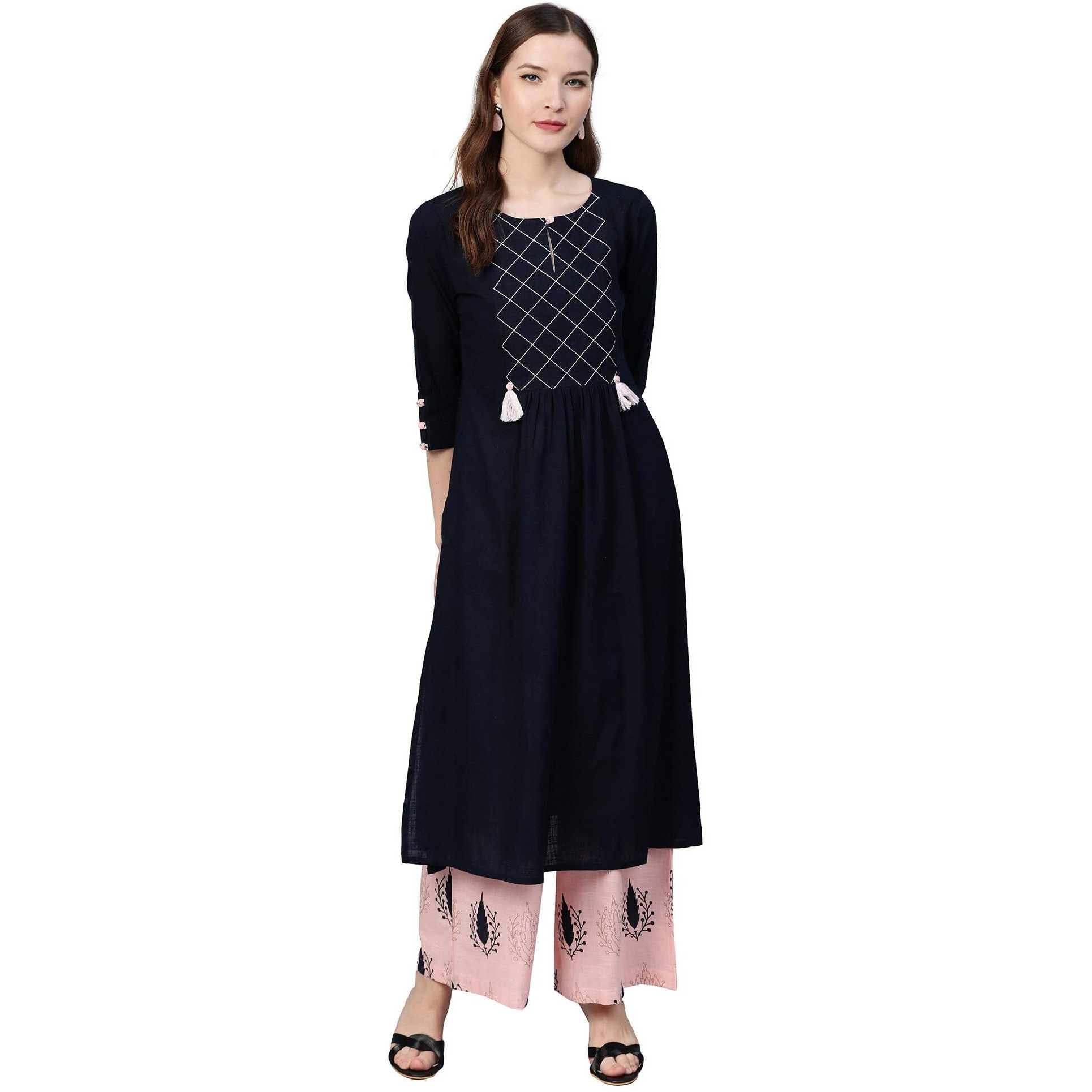 idaLia Light Pink and Navy Blue Cotton Kurta Set for Women A-Line Kurta with Palazzo Set Ideal for Wedding & Festive Occasions