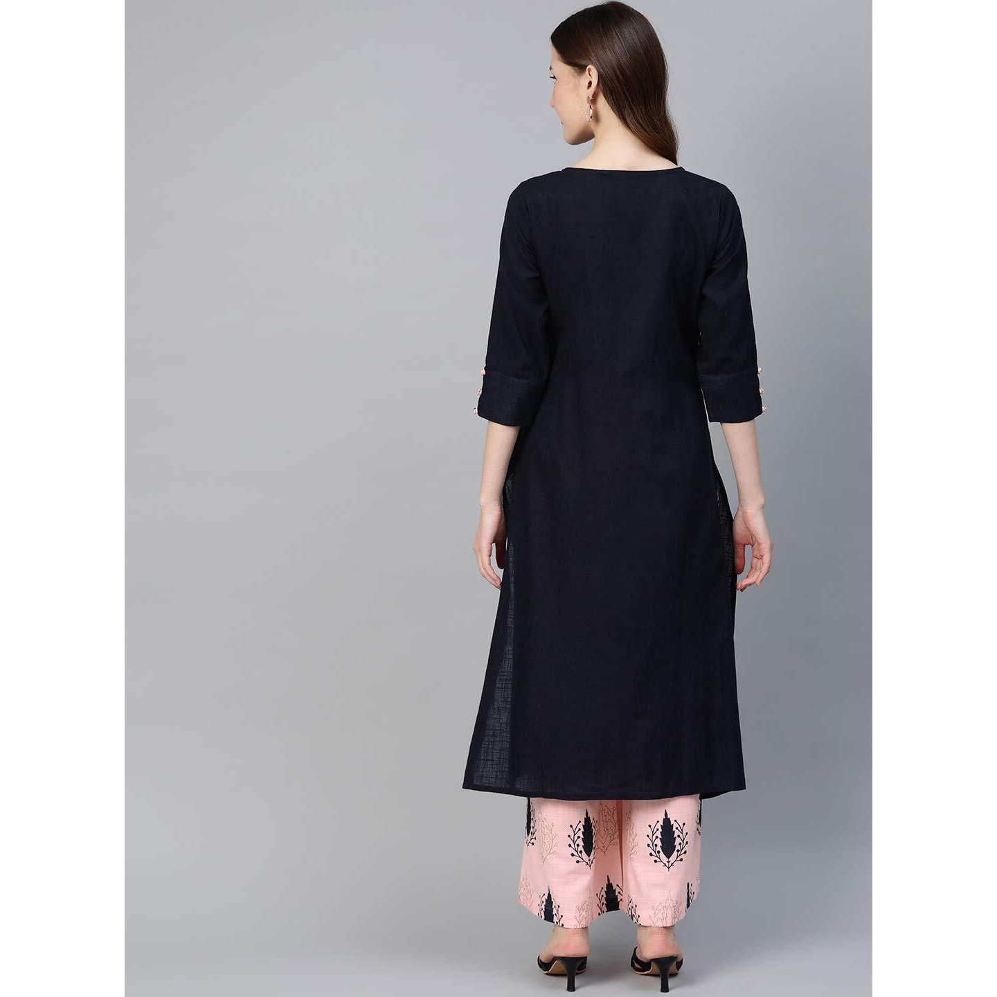 idaLia Light Pink and Navy Blue Cotton Kurta Set for Women A-Line Kurta with Palazzo Set Ideal for Wedding & Festive Occasions