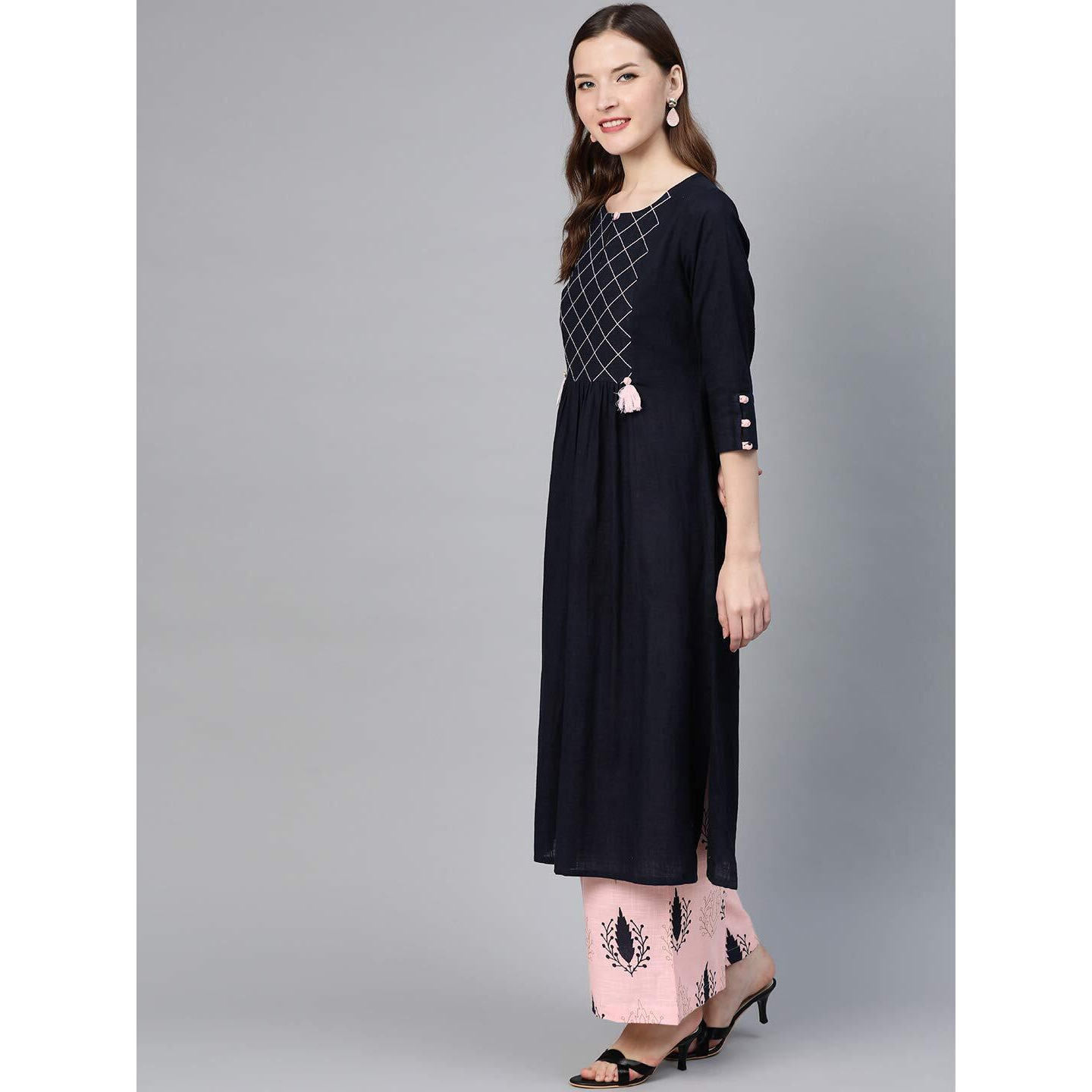 idaLia Light Pink and Navy Blue Cotton Kurta Set for Women A-Line Kurta with Palazzo Set Ideal for Wedding & Festive Occasions