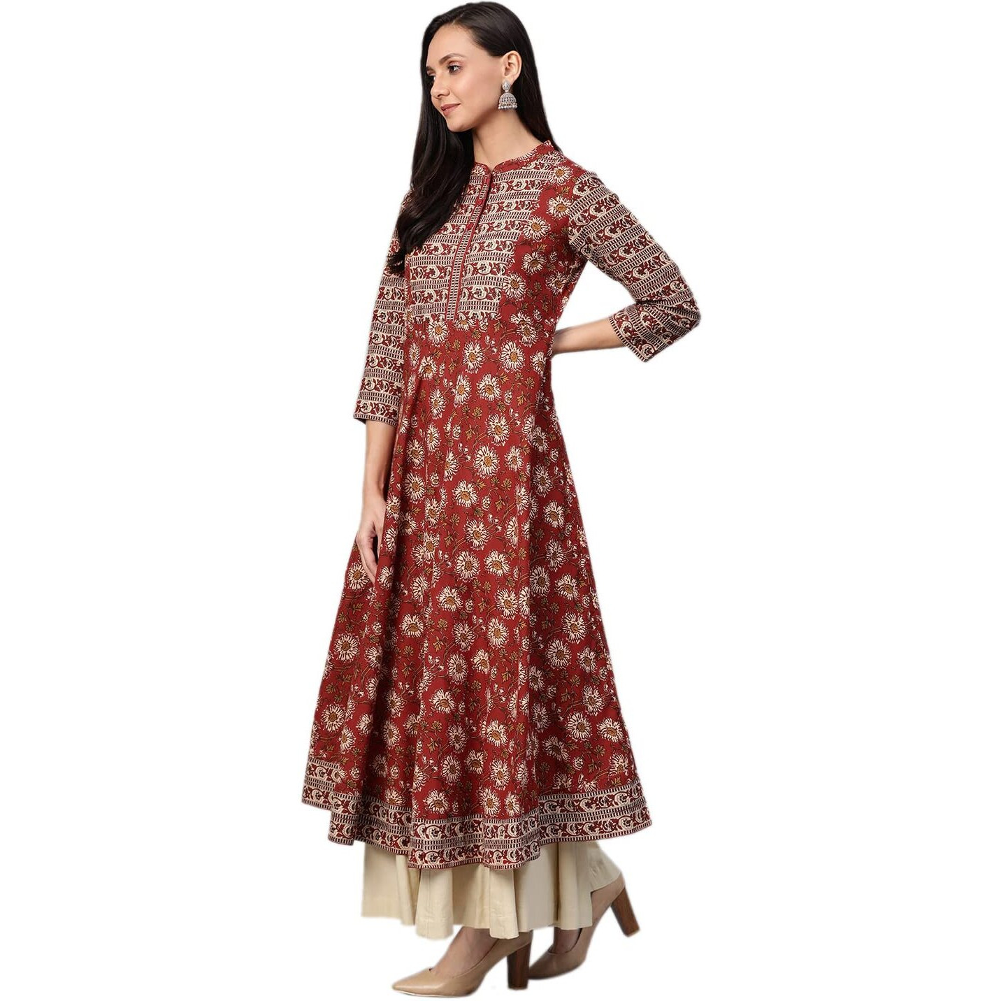 Yash Gallery Women s Cotton Floral Printed Anarkali Kurta for Women (1189YKMAROON_Maroon_X-Large)