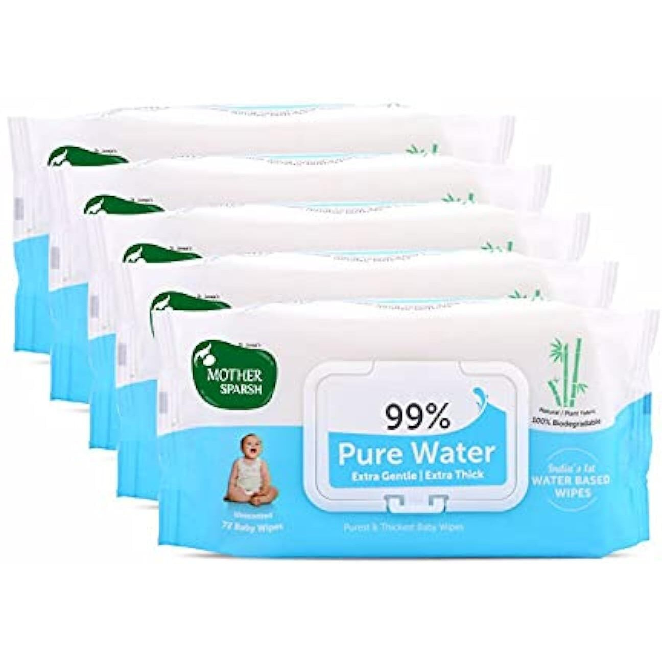 Mother Sparsh 99% Pure Water (Unscented) Baby Wipes I Natural Plant Made Cloth - Super Thick I 72 pcs/Pack - Pack of 5