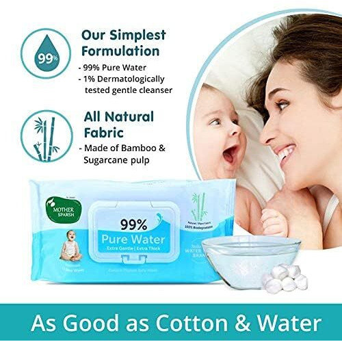 Mother Sparsh 99% Pure Water (Unscented) Baby Wipes I Natural Plant Made Cloth - Super Thick I 72 pcs/Pack - Pack of 5