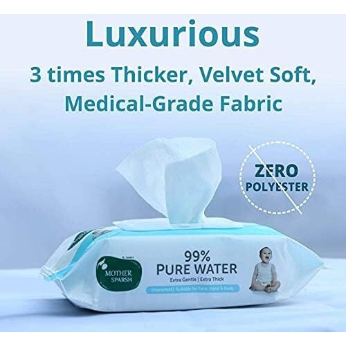 Mother Sparsh 99% Pure Water (Unscented) Baby Wipes I Natural Plant Made Cloth - Super Thick I 72 pcs/Pack - Pack of 5