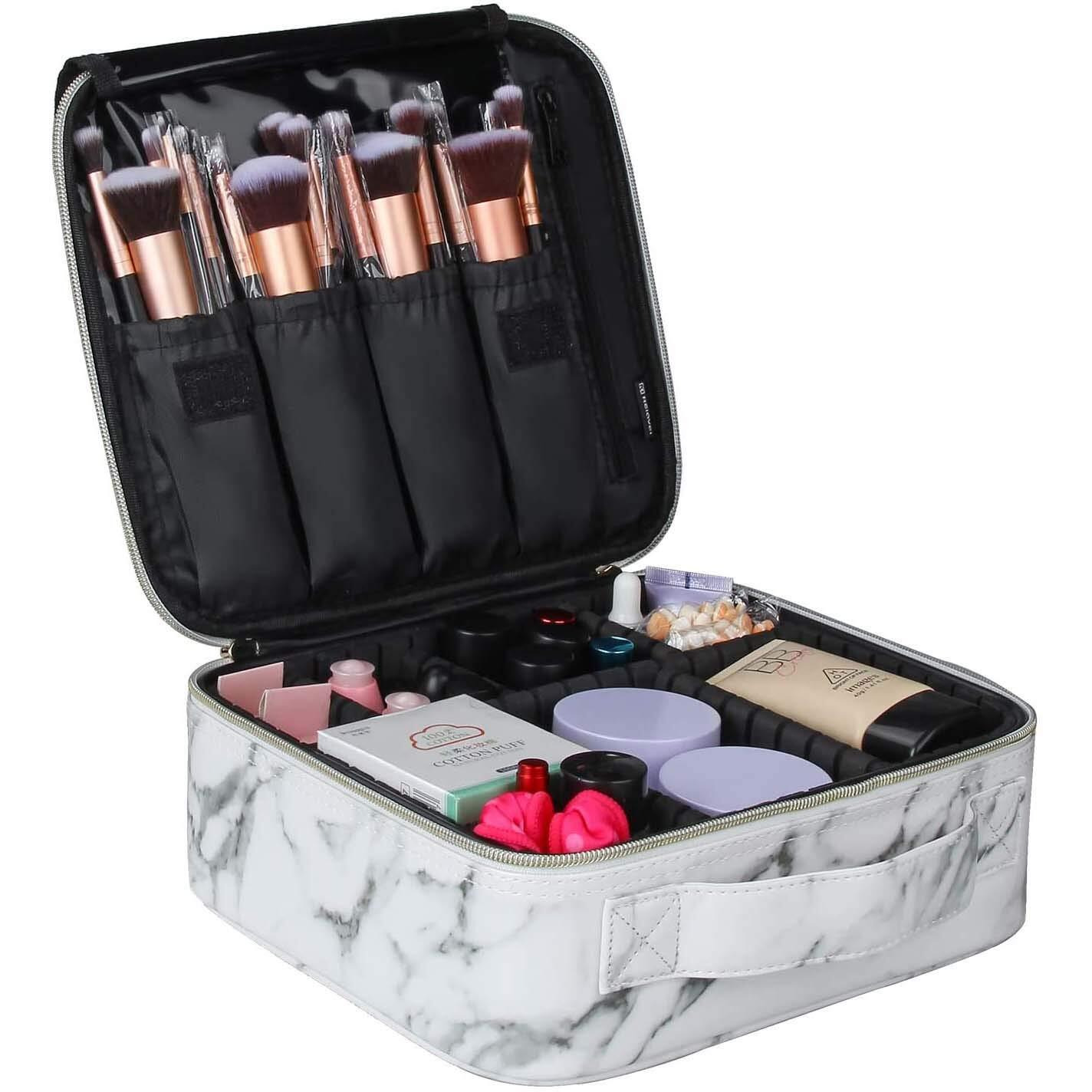 INOVERA (LABEL) Faux Leather Makeup Organizer Bag for Women, Girls & Bride - Travel Cosmetic Kit Storage Organiser - Toiletry Vanity Box with Adjustable Compartment, 26l x 23b x 9h cm (White Marble)