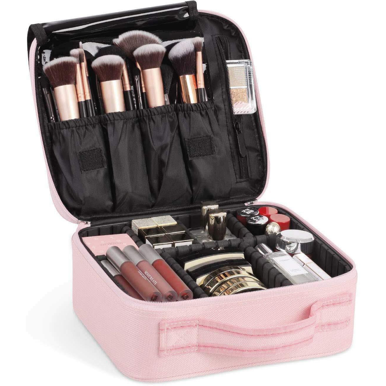 INOVERA (LABEL) Nylon Makeup Organizer Bag for Women, Girls & Bride - Travel Cosmetic Kit Storage Organiser - Toiletry Vanity Box with Adjustable Compartment, 26l x 23b x 9h cm (Rose Gold)