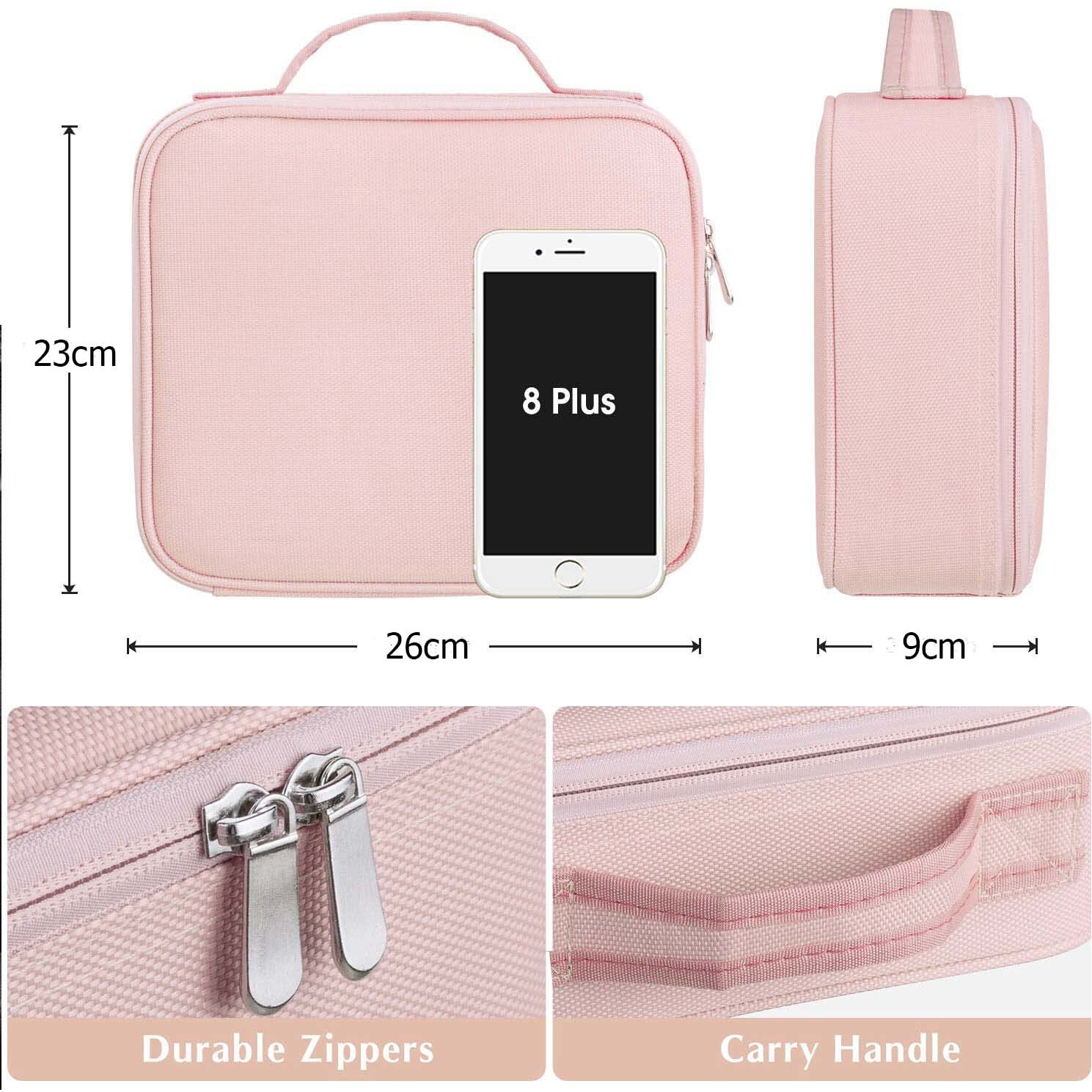 INOVERA (LABEL) Nylon Makeup Organizer Bag for Women, Girls & Bride - Travel Cosmetic Kit Storage Organiser - Toiletry Vanity Box with Adjustable Compartment, 26l x 23b x 9h cm (Rose Gold)