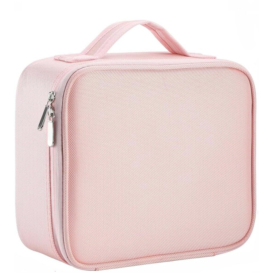 INOVERA (LABEL) Nylon Makeup Organizer Bag for Women, Girls & Bride - Travel Cosmetic Kit Storage Organiser - Toiletry Vanity Box with Adjustable Compartment, 26l x 23b x 9h cm (Rose Gold)
