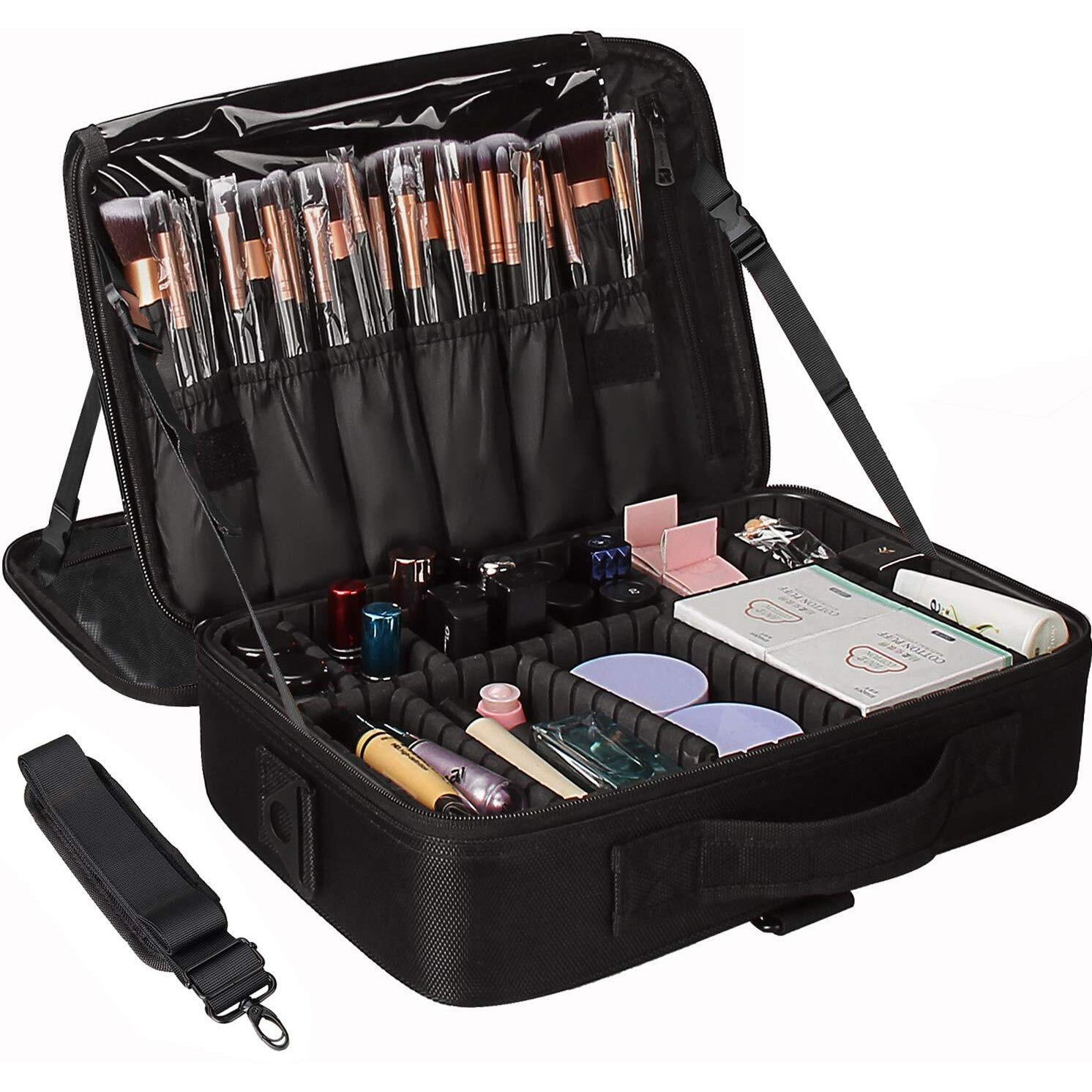 INOVERA (LABEL) Nylon Makeup Organizer Bag Professional Travel Cosmetic Bag Makeup Storage with Adjustable Compartment (Black, Medium (34L x 23B x 12H cm))