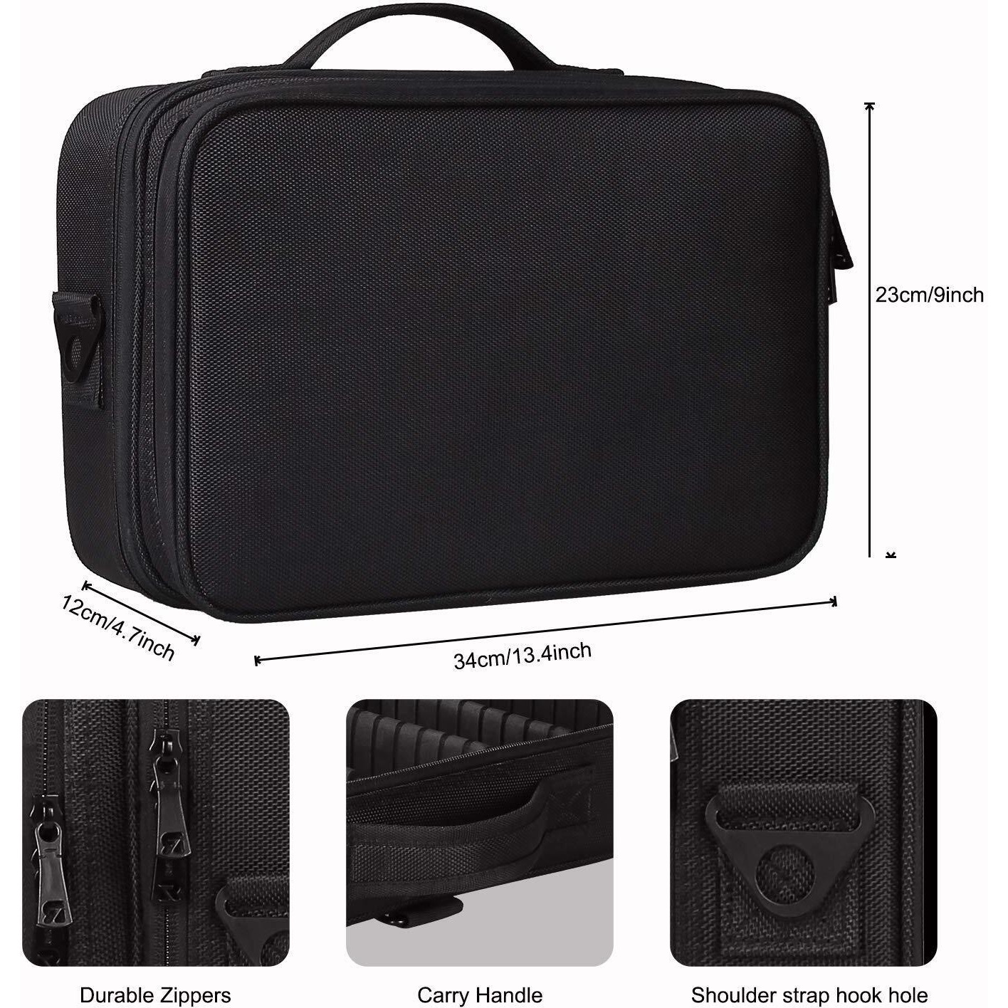 INOVERA (LABEL) Nylon Makeup Organizer Bag Professional Travel Cosmetic Bag Makeup Storage with Adjustable Compartment (Black, Medium (34L x 23B x 12H cm))