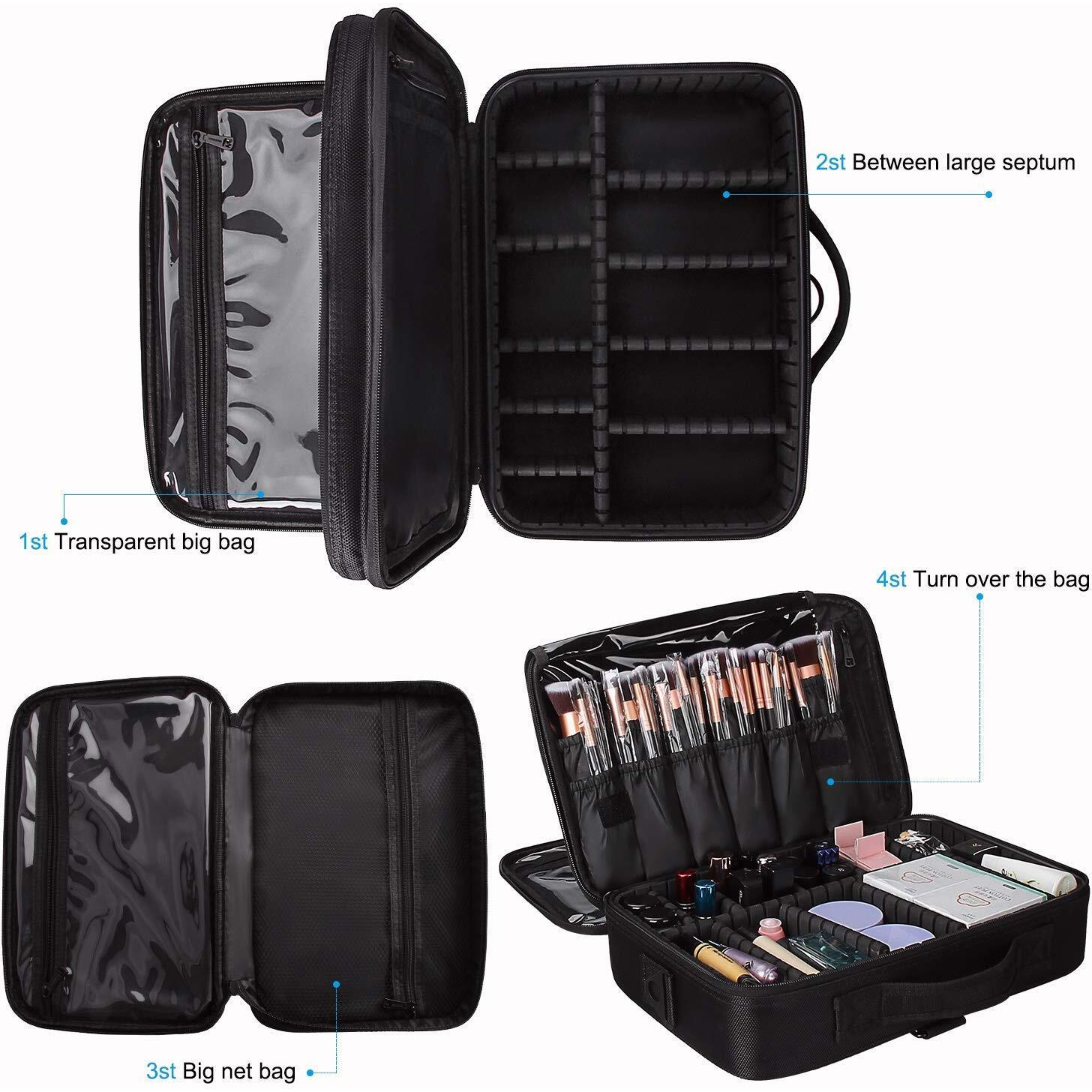 INOVERA (LABEL) Nylon Makeup Organizer Bag Professional Travel Cosmetic Bag Makeup Storage with Adjustable Compartment (Black, Medium (34L x 23B x 12H cm))