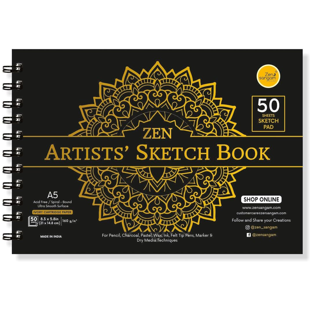 Zen Sangam Artists - A5 Spiral Sketchpad Drawing Notebook - 160 GSM - Ultra Smooth Surface - 50 Sheets (100 Pages) - Size (14.8x21cm) - Wiro Sketchbook