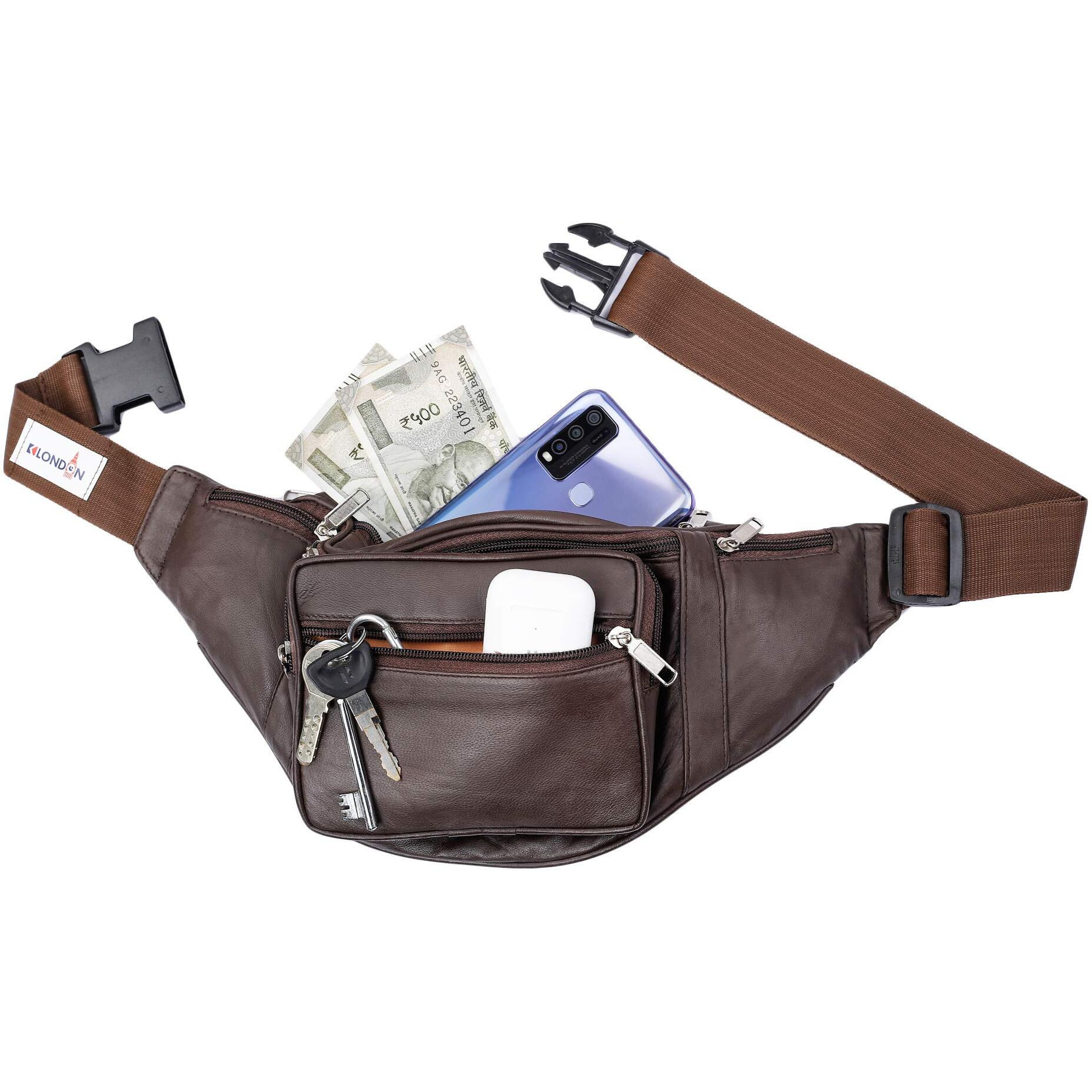 K London Leather Brown Men Women Waist Bag Fanny Bag Travel Pouch Passport Holder (1446_Brown)