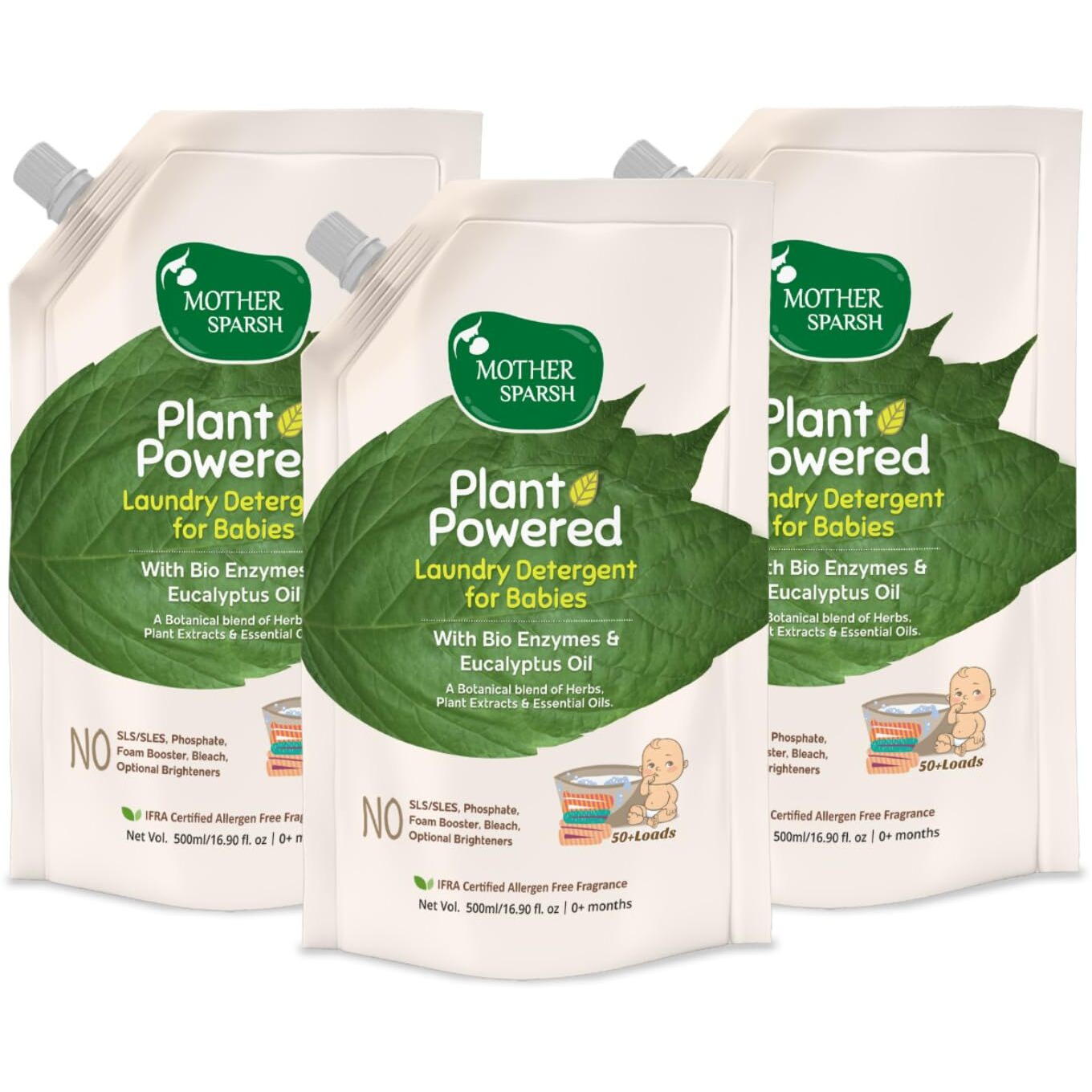 Mother Sparsh Baby Laundry Liquid Detergent- 500ml x 3 (Powered by Plants) with Bio-Enzymes and Eucalyptus Oil