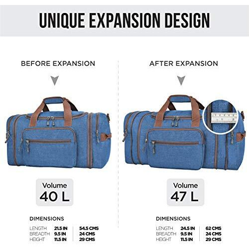 FATMUG Overnight Travel Duffel Weekender Polyester Bag For Men & Women - Large Expandable (Navy Blue 40-47L, Travel Duffle)