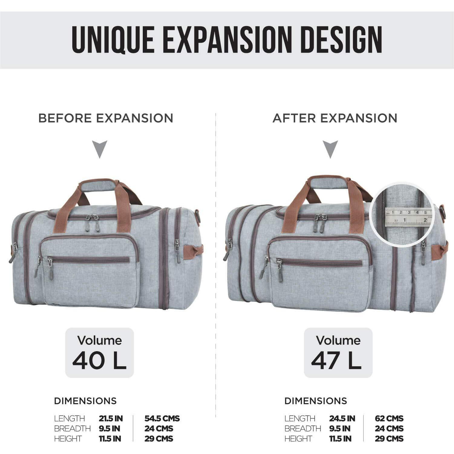 FATMUG Overnight Travel Duffel Weekender Polyester Bag For Men & Women - Large Expandable (Light Grey 40-47L, Travel Duffle)