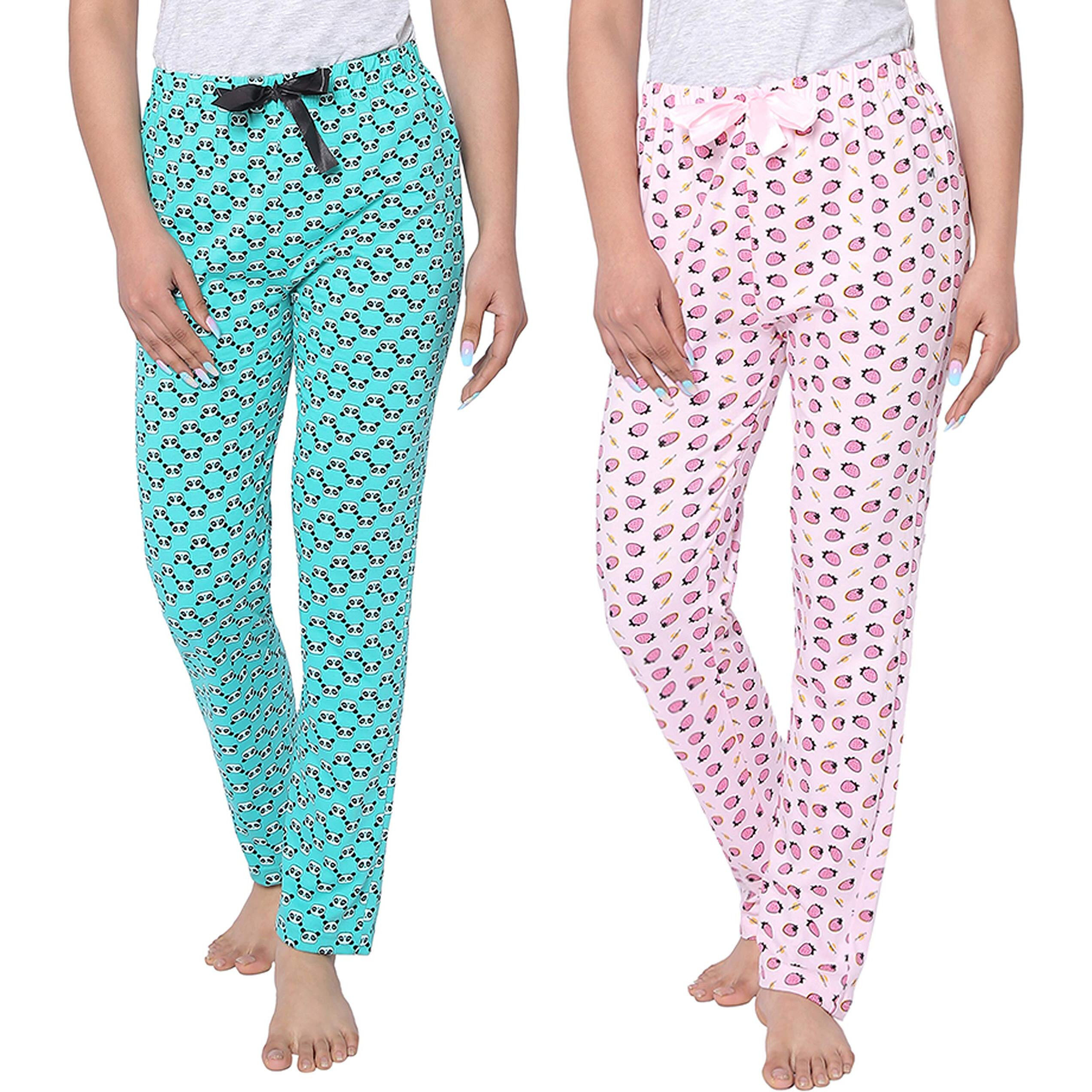 Real Basics Women s Cotton Printed Casual Style Pyjama Pack Of 2(Rb-W-Pj-L-P2-S1(Panda+Sberry) Multicolorl), Pink