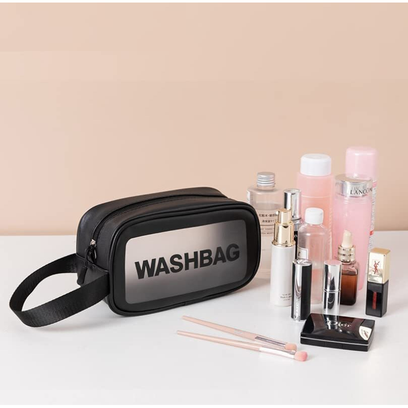 PINZOR Clear Toiletry Bags Makeup Pouch Bag Travel Transparent Cosmetic Bag Zipper Wash Bag with Handle Household Grooming Kit Portable Organizer Case Carry Pouch for Women.(Small, Black)