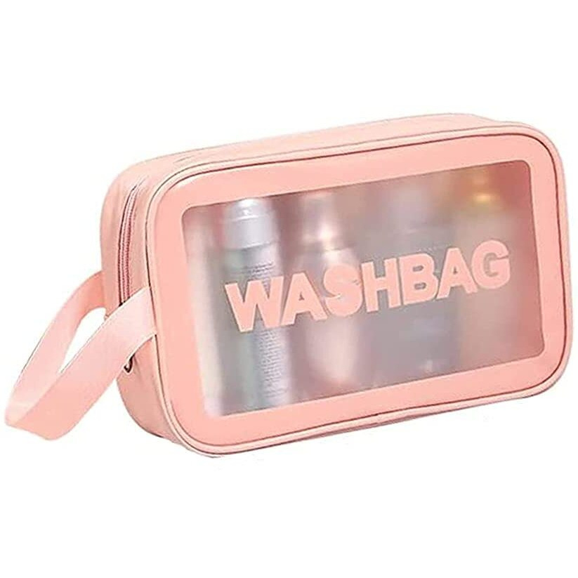 PINZOR Clear 8 Cms Toiletry Bags, Makeup Pouch Bag Travel Transparent Cosmetic Bag Zipper with Handle Household Grooming Kit Portable Organizer Case Carry Pouch for Women and Men (Small, Pink)