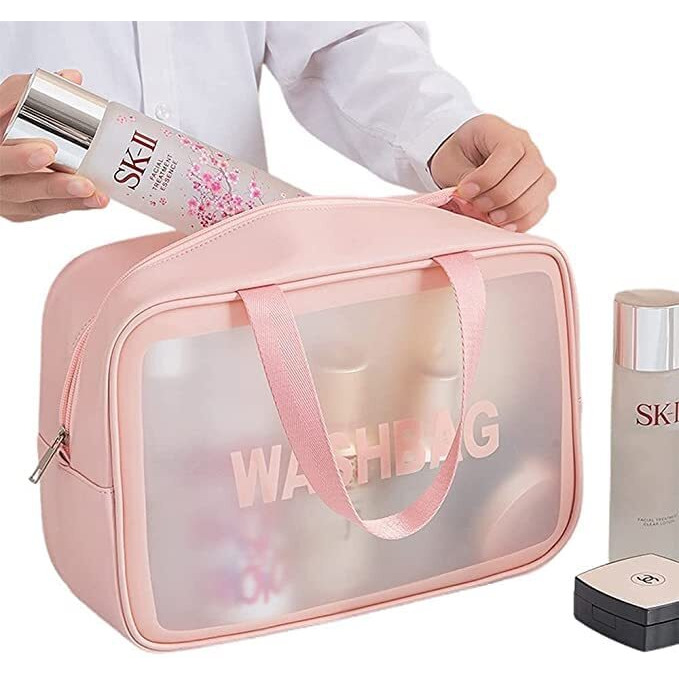 PINZOR Clear Toiletry Bags Makeup Pouch Bag Travel Transparent Cosmetic Bag Zipper Wash Bag with Handle Makeup Organizer Case Carry Pouch for Women and Men (Big, Pink)