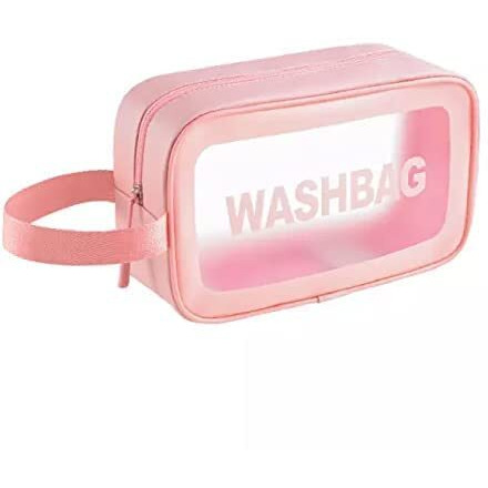 PINZOR Clear Toiletry Bags Makeup Pouch Bag Travel Transparent Cosmetic Bag Zipper Wash Bag with Handle Household Grooming Kit Portable Organizer Carry Pouch for Women & Men (Medium, Pink)