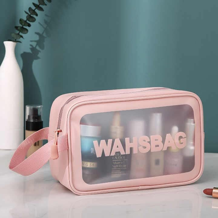 PINZOR Clear Toiletry Bags Makeup Pouch Bag Travel Transparent Cosmetic Bag Zipper Wash Bag with Handle Household Grooming Kit Portable Organizer Carry Pouch for Women & Men (Medium, Pink)