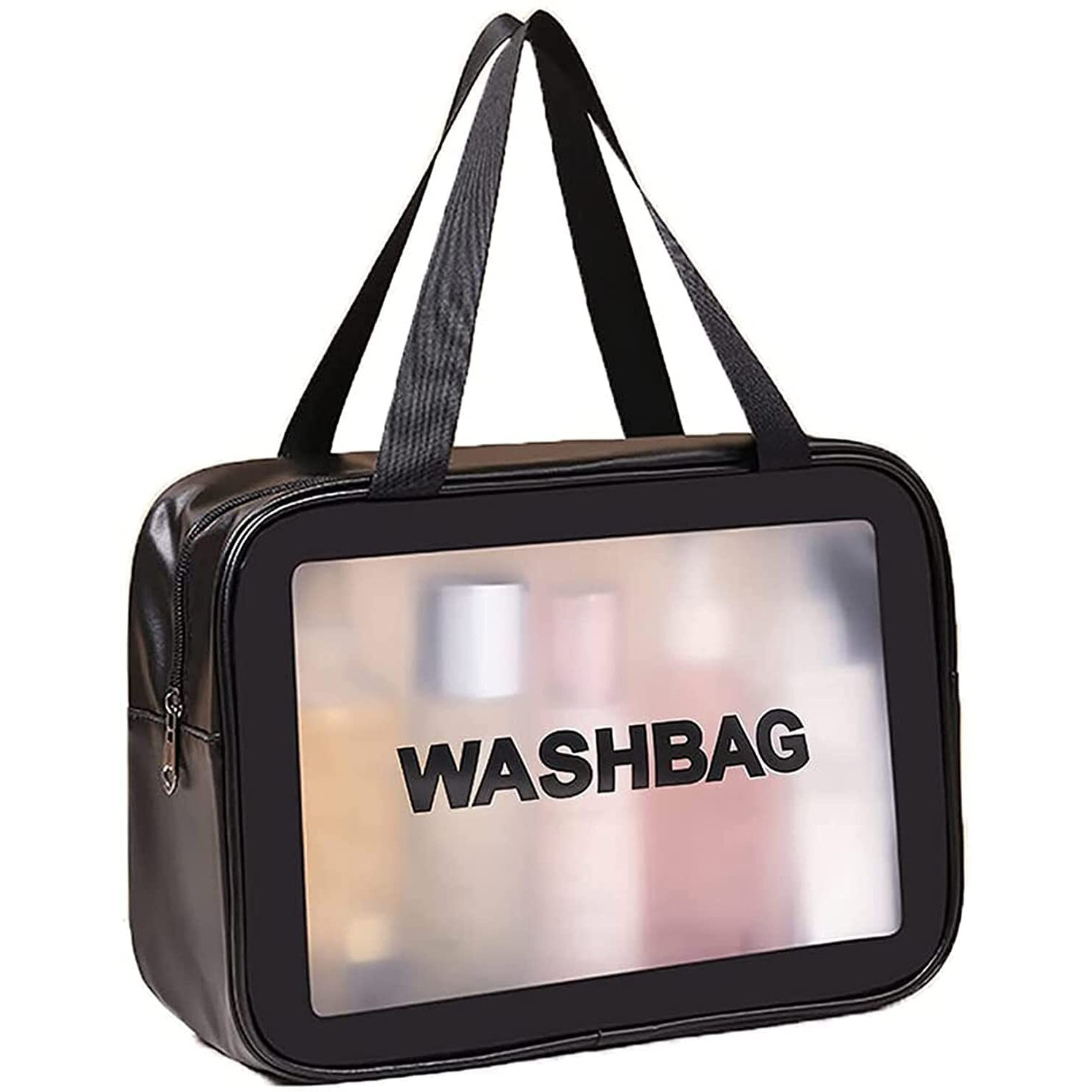 PINZOR Clear Toiletry Bags Makeup Pouch Bag Travel Transparent Cosmetic Bag Zipper Wash Bag with Handle Makeup Organizer Case Carry Pouch for Women and Men (Big, Black)