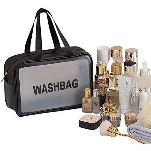 PINZOR Clear Toiletry Bags Makeup Pouch Bag Travel Transparent Cosmetic Bag Zipper Wash Bag with Handle Makeup Organizer Case Carry Pouch for Women and Men (Big, Black)