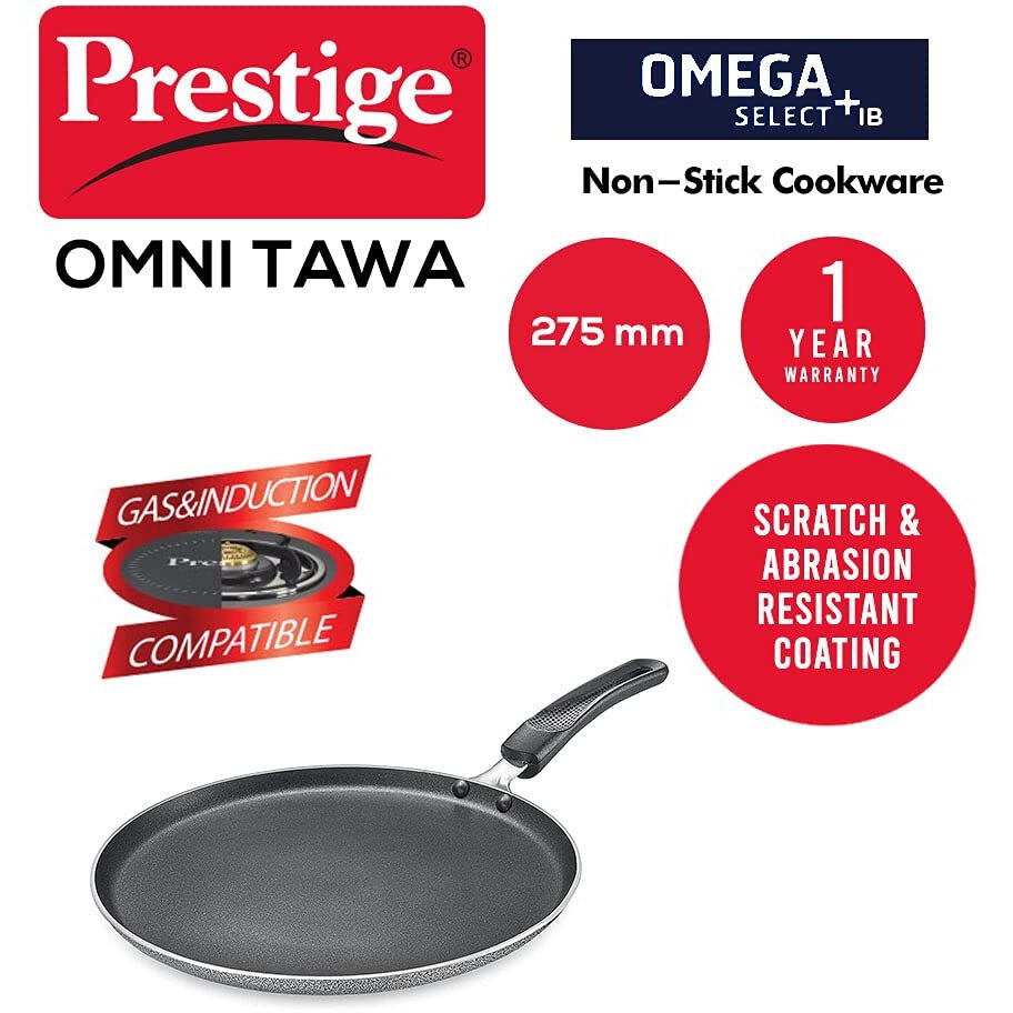 Prestige Omega Select Plus 27.5cm Non-Stick Omni Tawa |Induction Base |Gas & Induction Compatible| Metal Spoon Friendly | Sturdy Handles