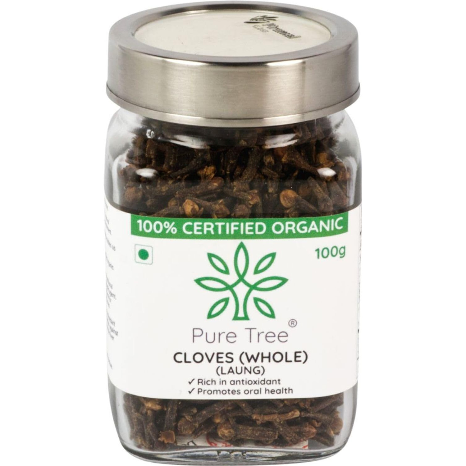 Pure Tree Certified Organic Organic Laung | 100 g | Glass Jar | Organic Cloves Whole | Lavang Whole Spices | Aromatic & Flavorful Clove Seeds Khada Masala | Dried Cloves | lavangam