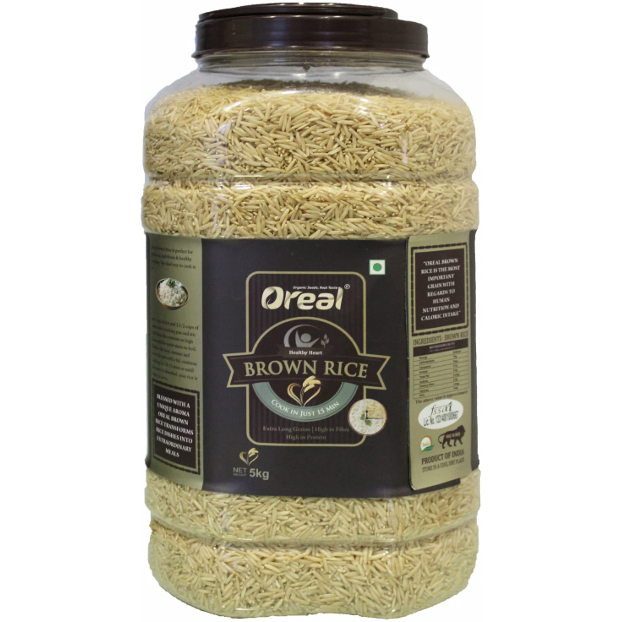 Oreal Unpolished Brown Rice Jar 5 kg| Full Brown Intact | Enriched with Dietary Rich in Fibers & Nutrients | vitamins and minerals | with Long Grains | Full of Flavor and Aroma