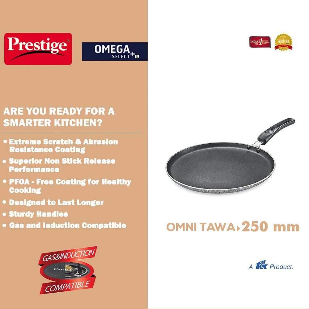 Prestige Aluminium Omega Select Plus IB Non-Stick Omni Tawa, 25 cm, Multicolour, Medium