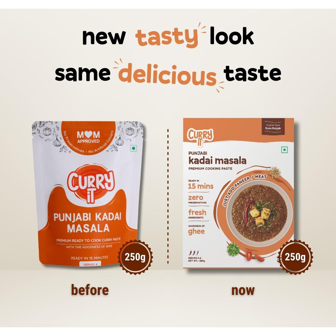 CURRYiT Ready To Cook PUNJABI KADAI MASALA Mutton Curry, Chicken Curry and Fish Curry Paste, 250g Serves 4-6 | Made with Ghee | Ready in 15 minutes | No Preservatives | 100% Mom Approved | Gluten-Free
