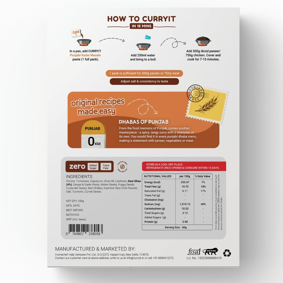CURRYiT Ready To Cook PUNJABI KADAI MASALA Mutton Curry, Chicken Curry and Fish Curry Paste, 250g Serves 4-6 | Made with Ghee | Ready in 15 minutes | No Preservatives | 100% Mom Approved | Gluten-Free