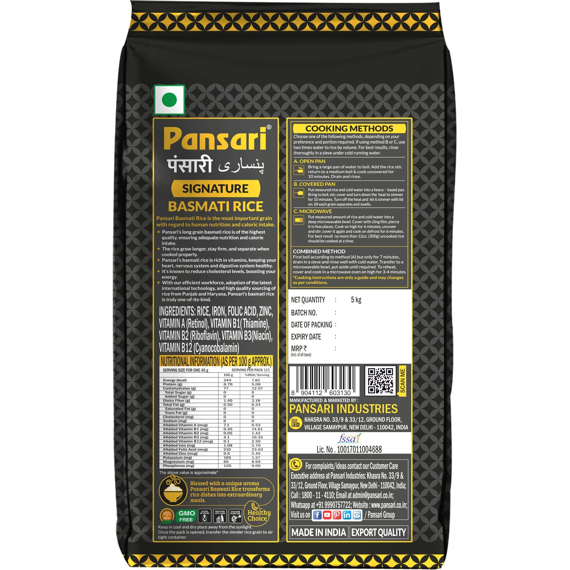 Pansari Signature Basmati rice 5Kg, Great Taste and Mesmerizing Aroma | Extra Long Grain, Naturally Aged(2-Years) with Fortified | Basmati Rice, Biryani Rice, Pulao Rice