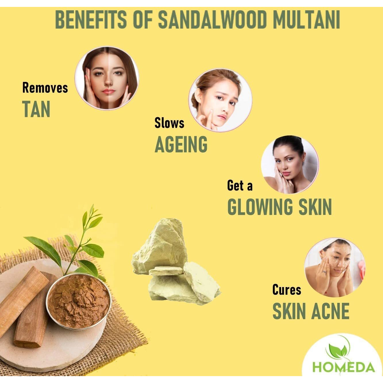 Homeda Pure Sandalwood and Multani Mitti Powder Organic (100 Grams each - 200g) for Face Pack, Skin | Chandan, Sandlewood, Fullers Earth, Chandanam, Multhani Matti, Bentonite Clay