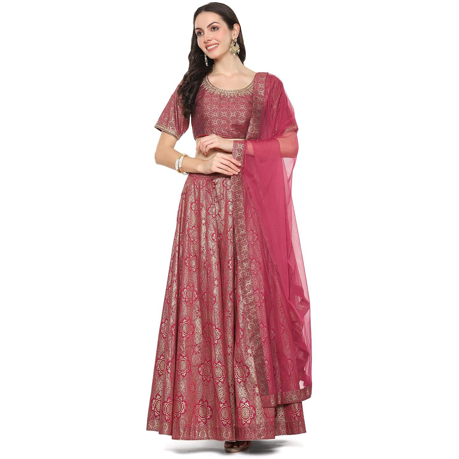 BIBA Cotton Blend Women Meganta Poly Dupion Straight Kurta Lehenga Set (SKDASRTD8935AW23MGT_Purple_L)