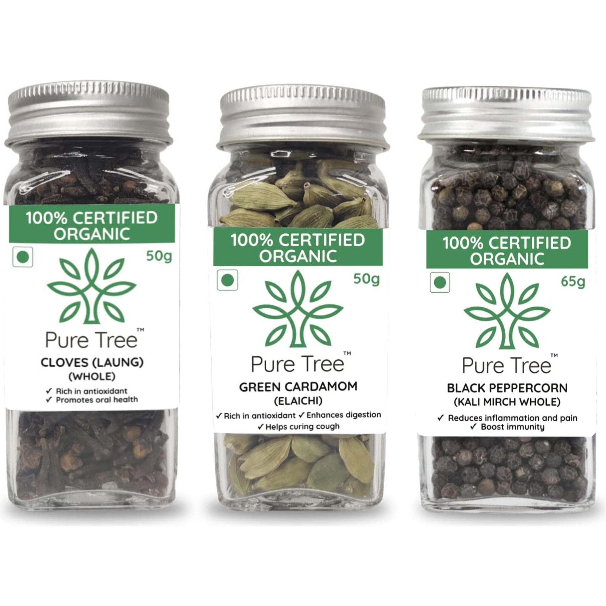 Pure Tree Certified Organic Cloves 50g, Green Cardamom 40g, Black Pepper 65g | 165 g | Glass Jar | Sabut Masala | Khada Masala | Whole Spice