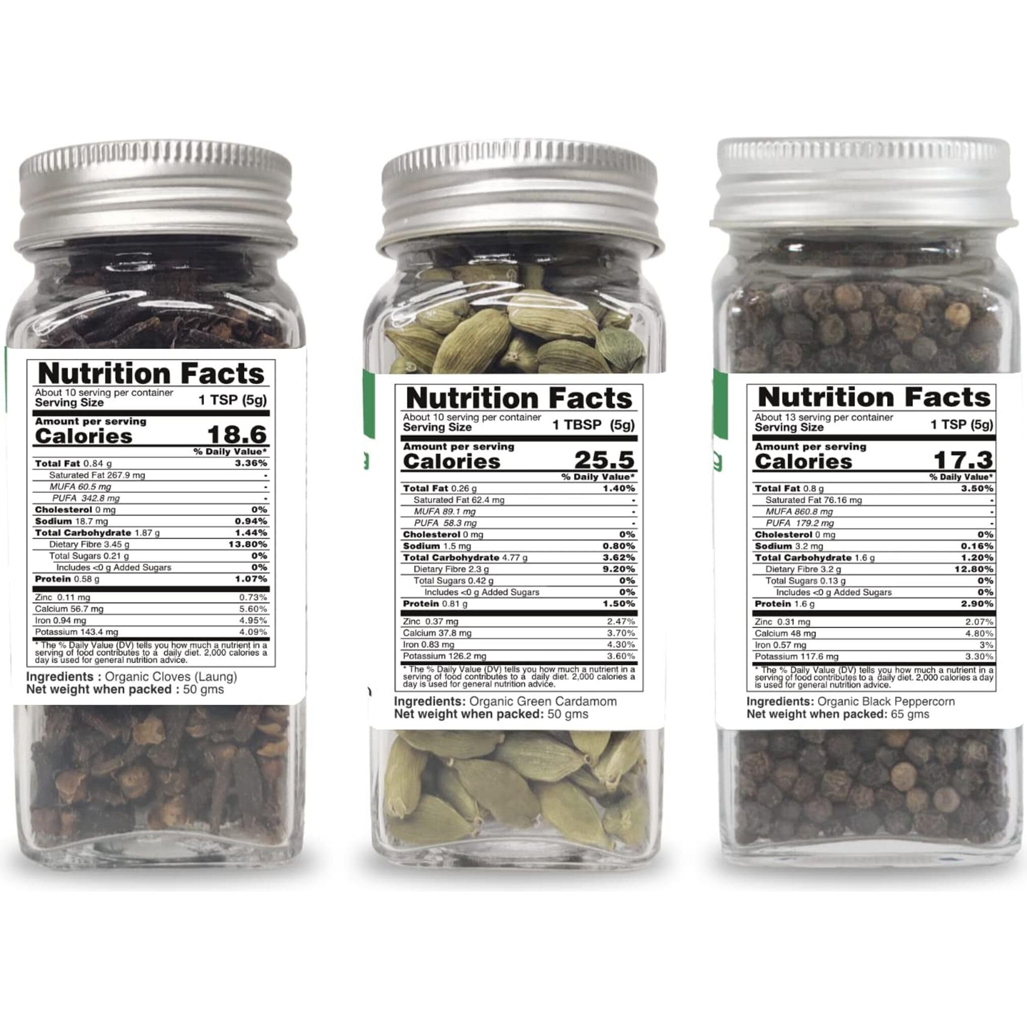 Pure Tree Certified Organic Cloves 50g, Green Cardamom 40g, Black Pepper 65g | 165 g | Glass Jar | Sabut Masala | Khada Masala | Whole Spice