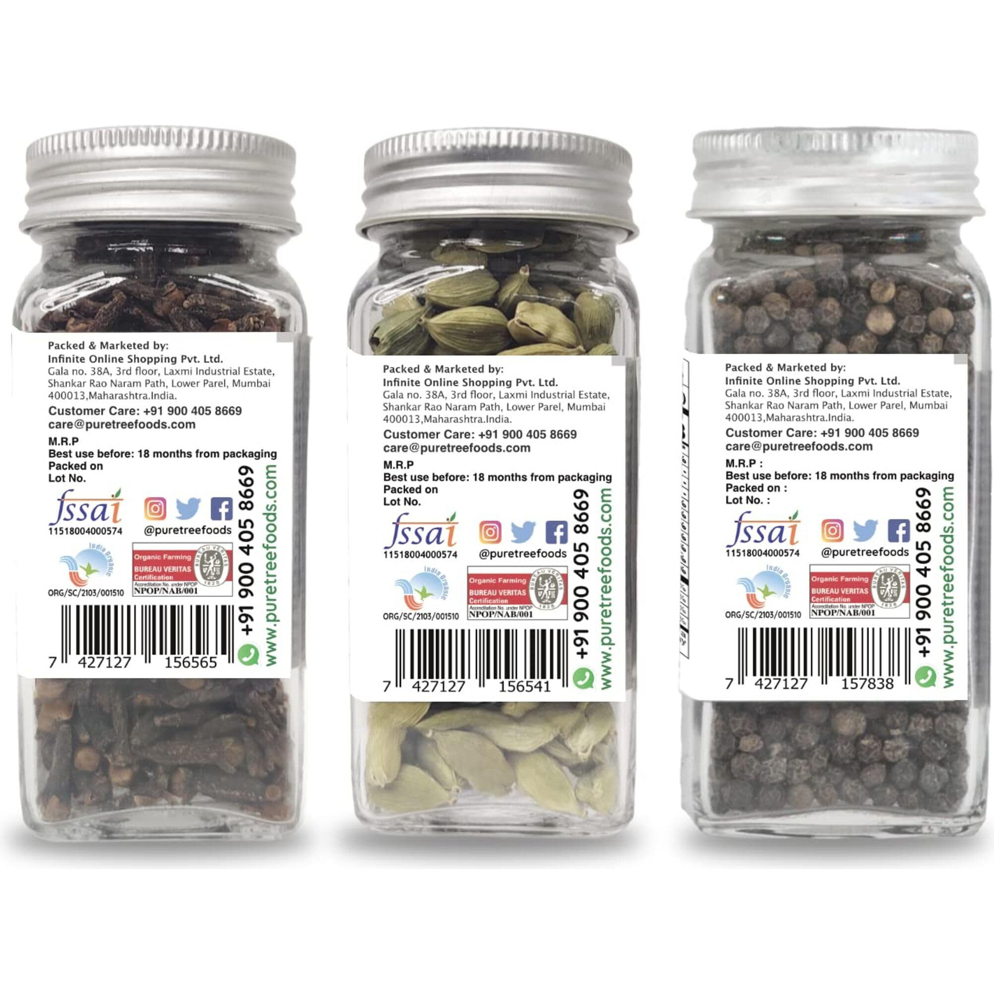 Pure Tree Certified Organic Cloves 50g, Green Cardamom 40g, Black Pepper 65g | 165 g | Glass Jar | Sabut Masala | Khada Masala | Whole Spice
