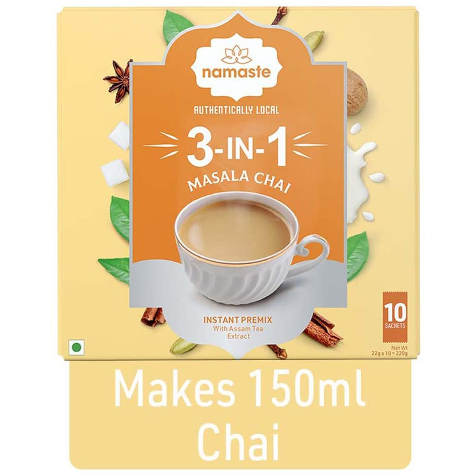 Namaste Chai Instant Tea Premix, Masala Chai | Assam |Ginger, Clove, Cinnamon, Nutmeg & Cardamom| Milk And Sugar | Ready Mix (18.6G X 10 Sachets,Powder), 186 G