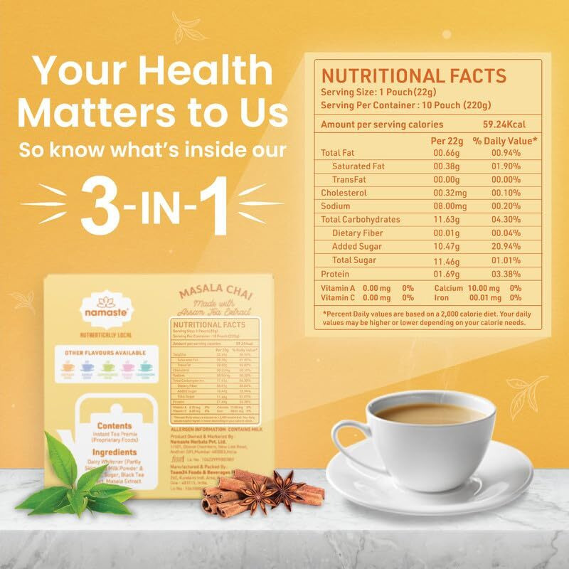 Namaste Chai Instant Tea Premix, Masala Chai | Assam |Ginger, Clove, Cinnamon, Nutmeg & Cardamom| Milk And Sugar | Ready Mix (18.6G X 10 Sachets,Powder), 186 G