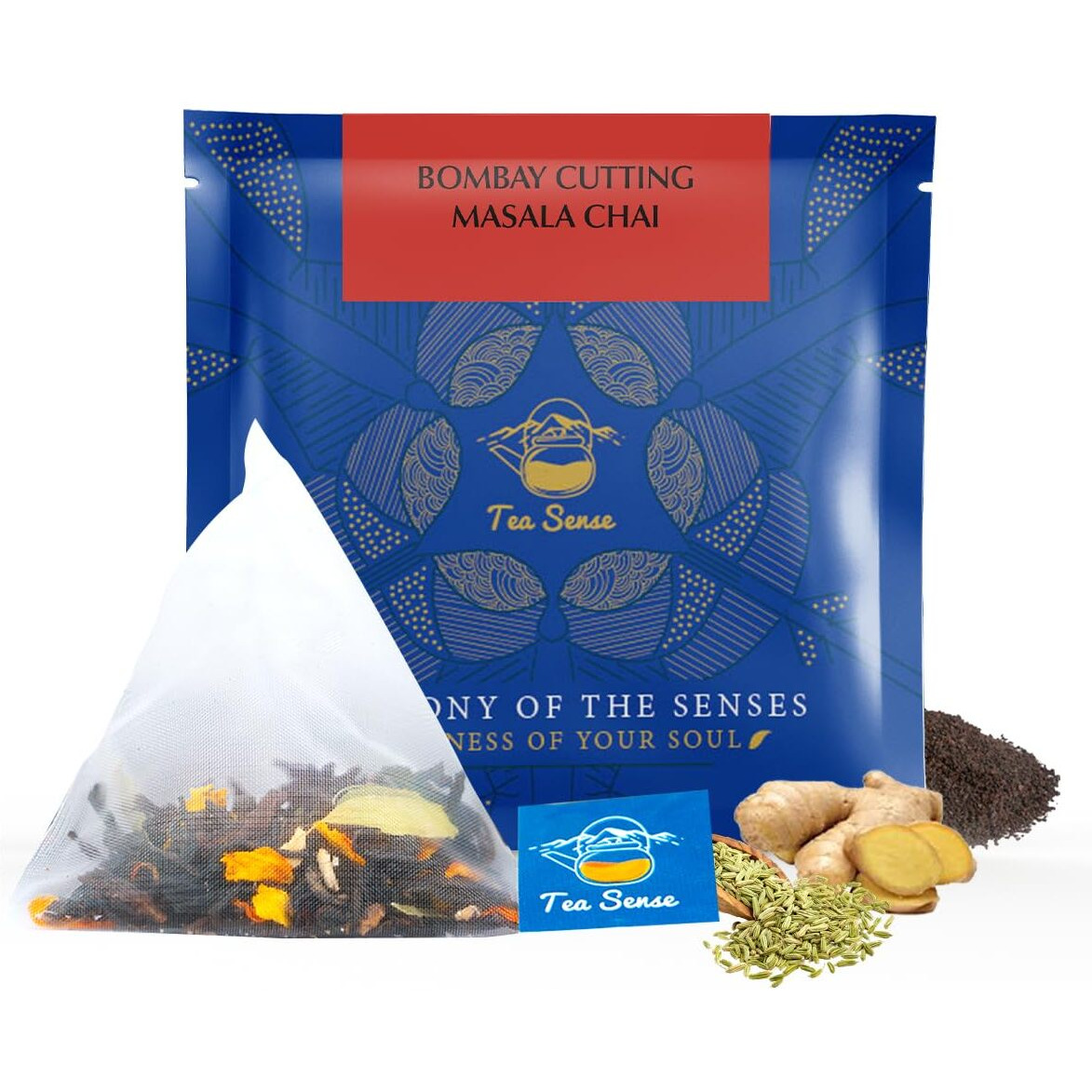 Tea Sense Bombay Cutting Masala Chai | 15 Pc Pyramid Tea Bags | Authentic Kadak Blend | CTC Tea, Cardamom, Fennel, Dried Ginger, Black Pepper