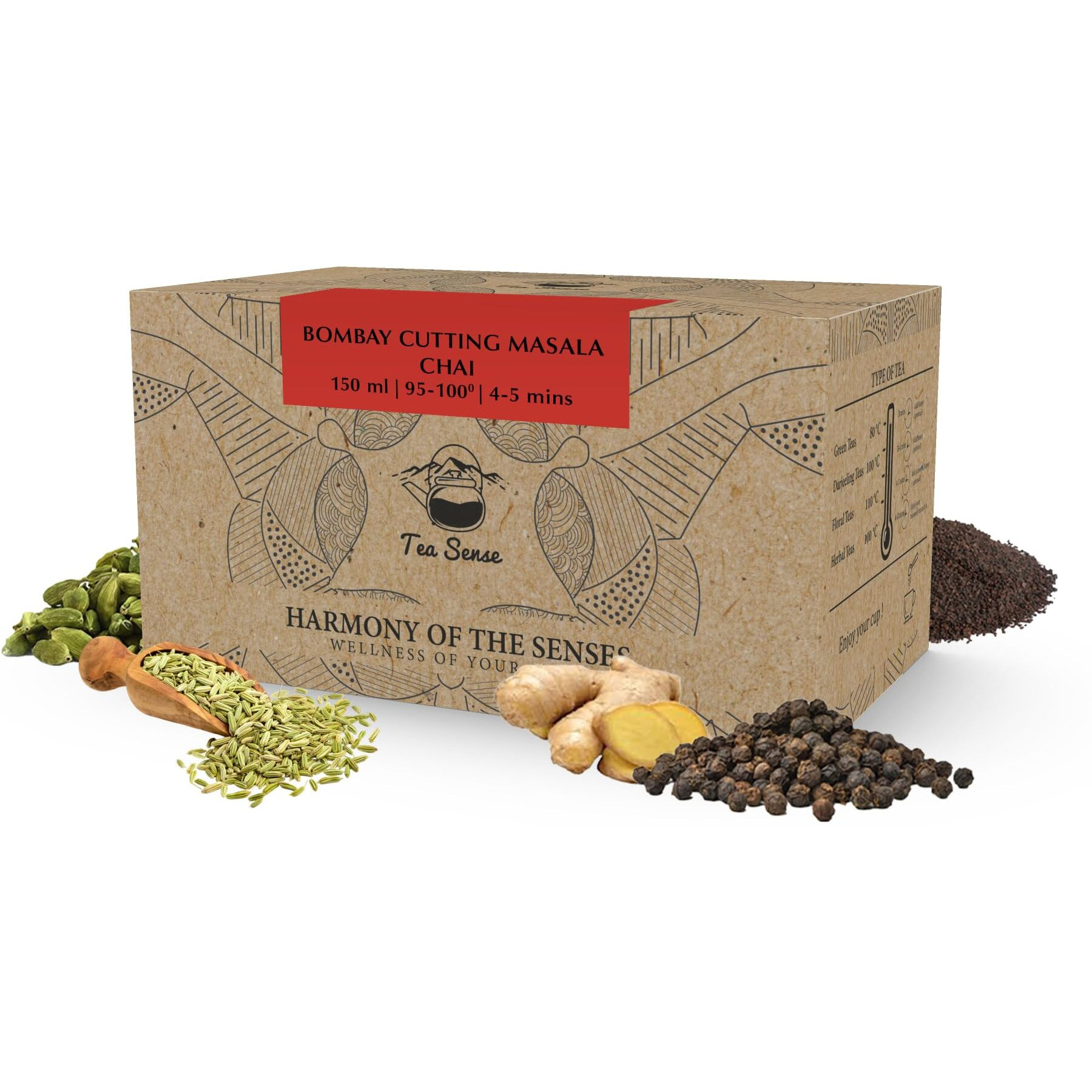 Tea Sense Bombay Cutting Masala Chai | 15 Pc Pyramid Tea Bags | Authentic Kadak Blend | CTC Tea, Cardamom, Fennel, Dried Ginger, Black Pepper