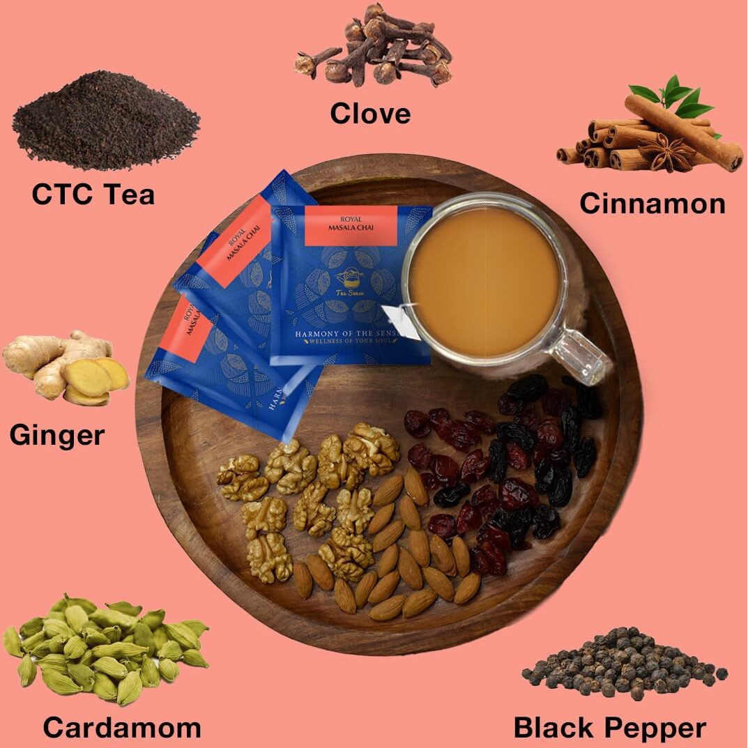 Tea Sense Royal Masala Chai | 15 Pc Pyramid Tea Bags | Kadak Flavor | CTC Tea, Ginger, Cardamom, Clove, Cinnamon, Black Pepper, Star Anise