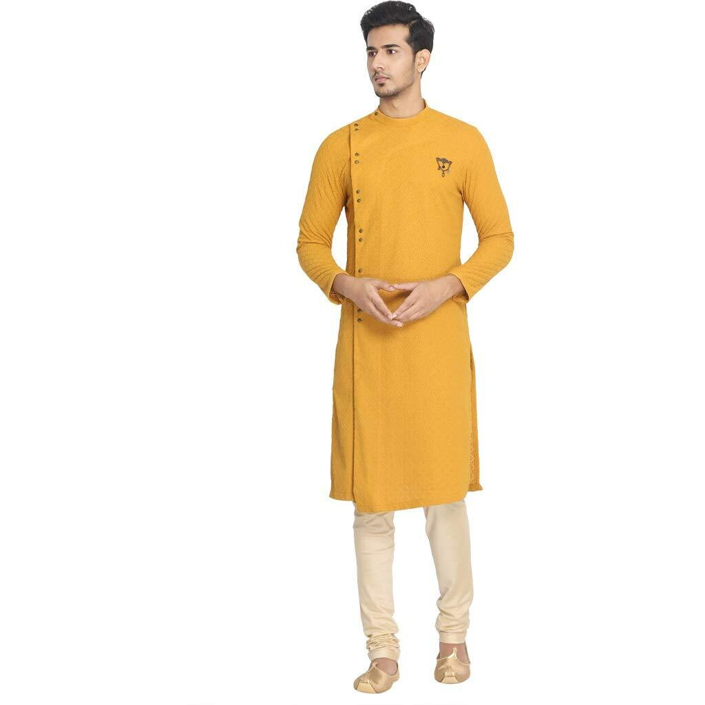 Manyavar Traditional SelfDesign SideOpening Kurta and Churidar Set for Men - (Yellow, Large)