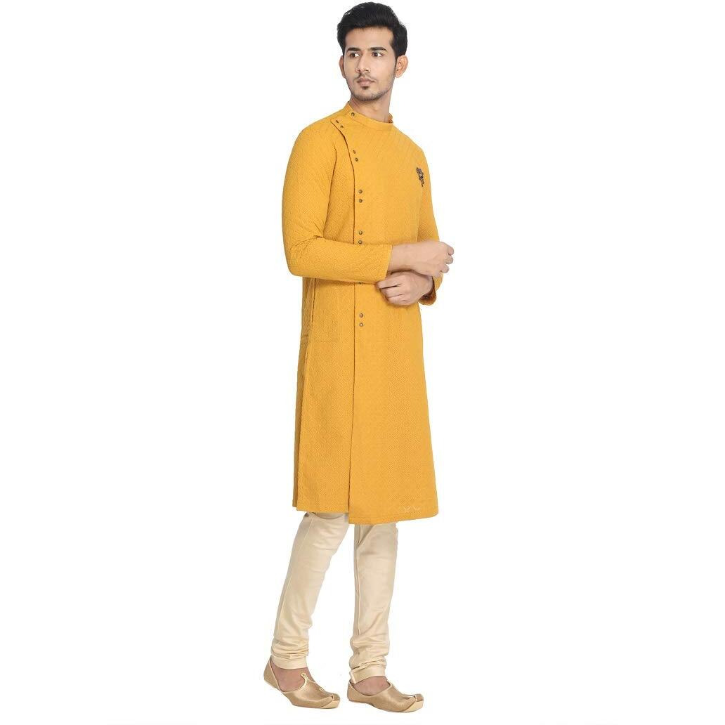 Manyavar Traditional SelfDesign SideOpening Kurta and Churidar Set for Men - (Yellow, Large)