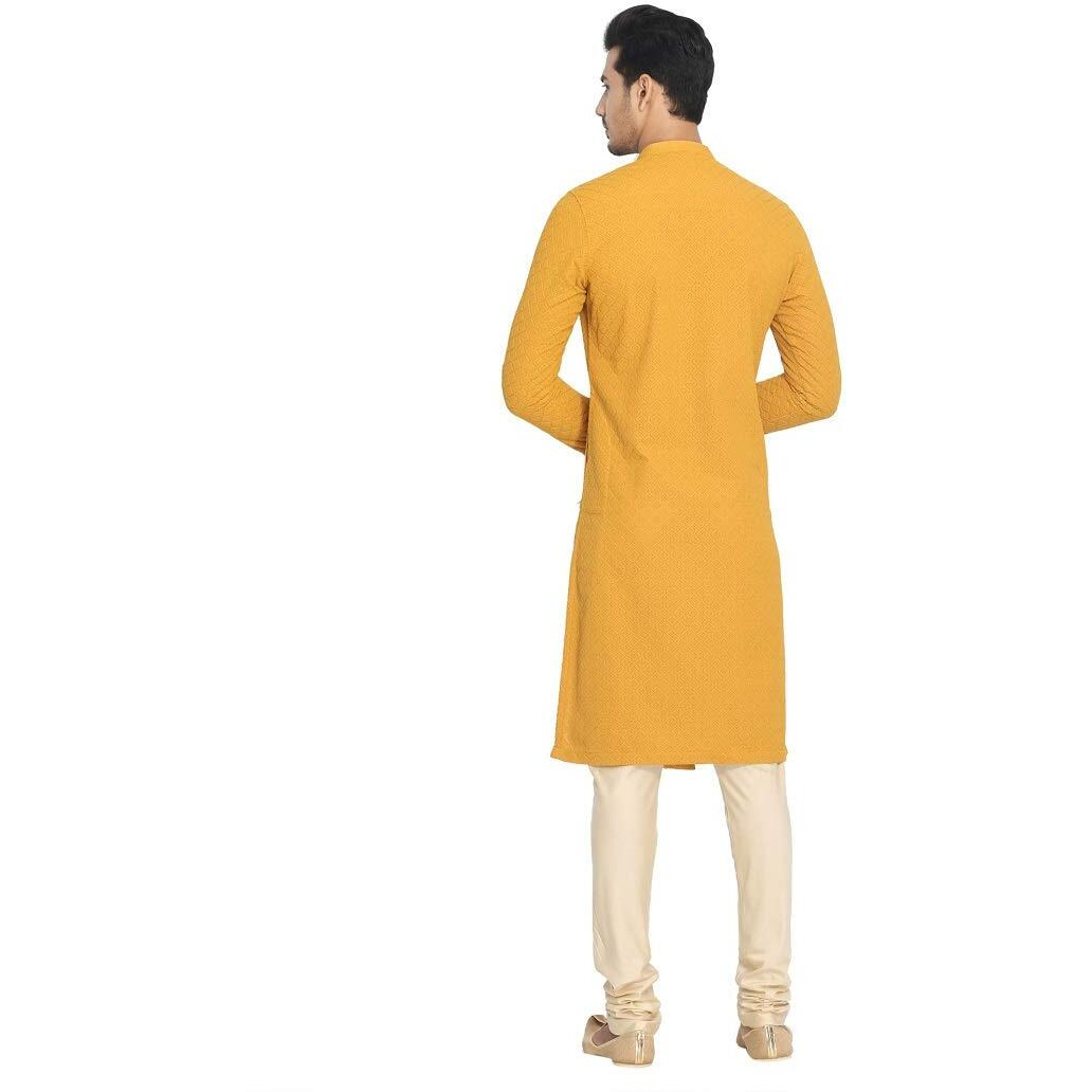 Manyavar Traditional SelfDesign SideOpening Kurta and Churidar Set for Men - (Yellow, Large)