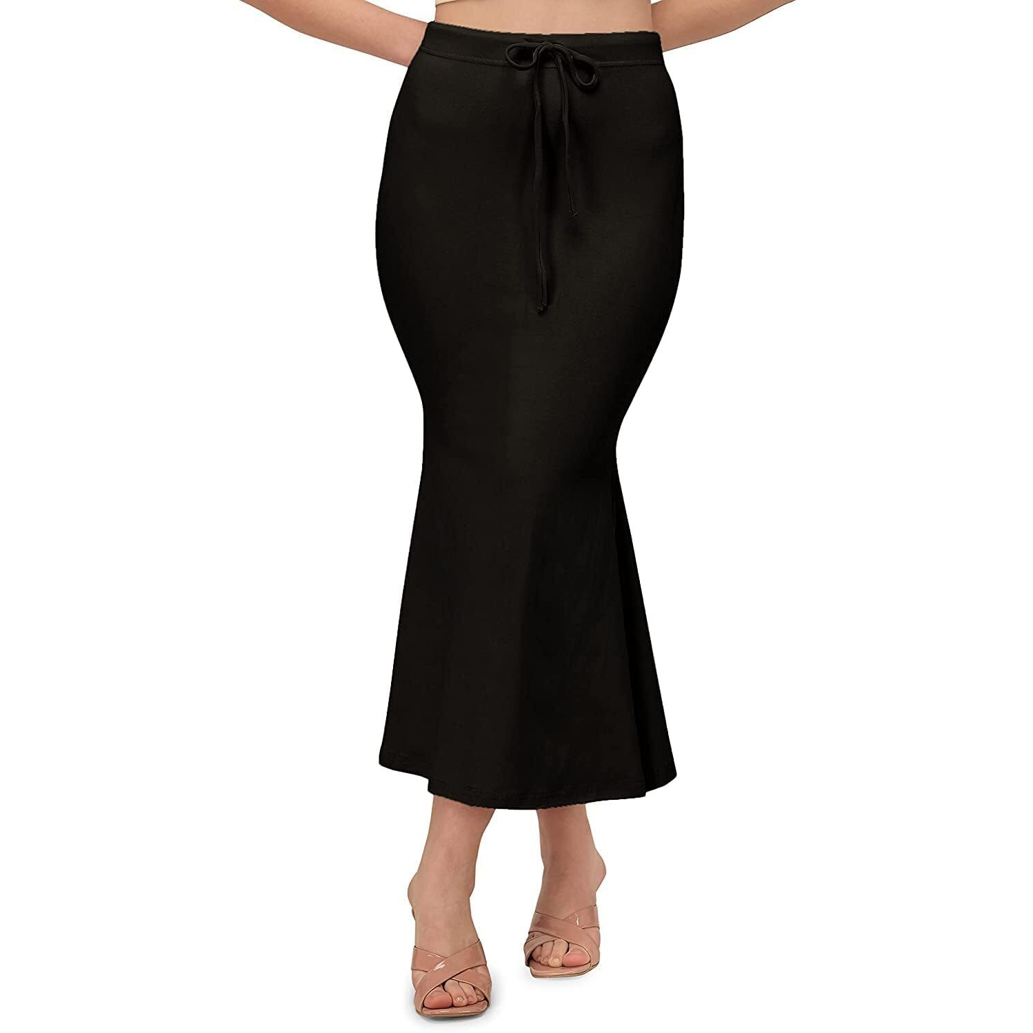 Bureaucrat Saree Shapewear Petticoat for Women Cotton Blended Lycra Shaper Peticoat with Elastic & Lace (naada) Long Under Skirt Shape wear Dress Satin Sari Beige Fishcut Wrinkle Free (XL, Black)