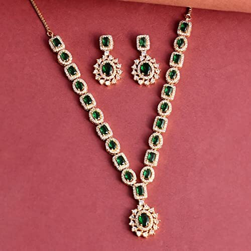 VOYLLA VoyllaSparkling Elegance Cluster Setting Round and Oval Cut CZ Brass Gold Plated Jewellery Set